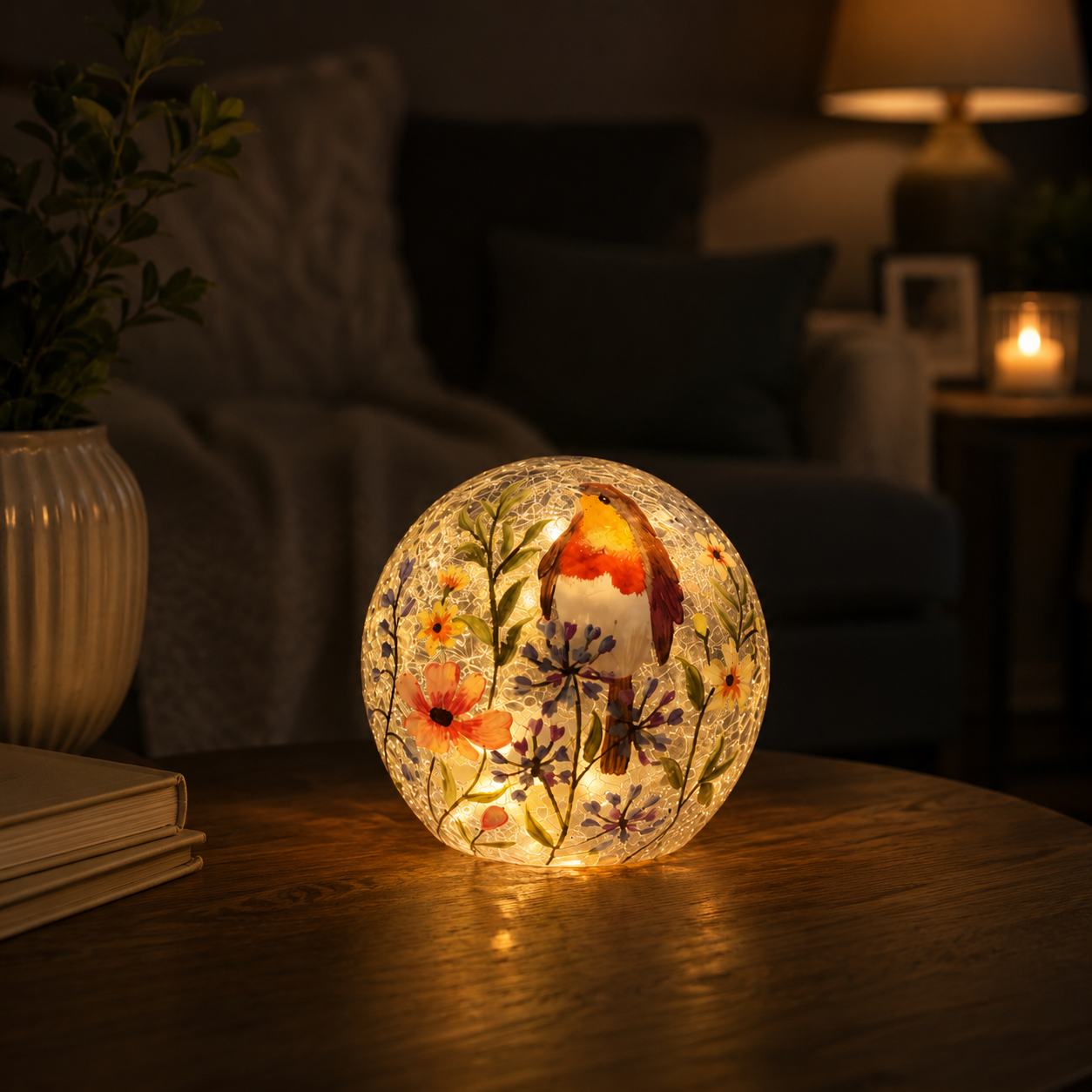 robin and flowers glass ball led