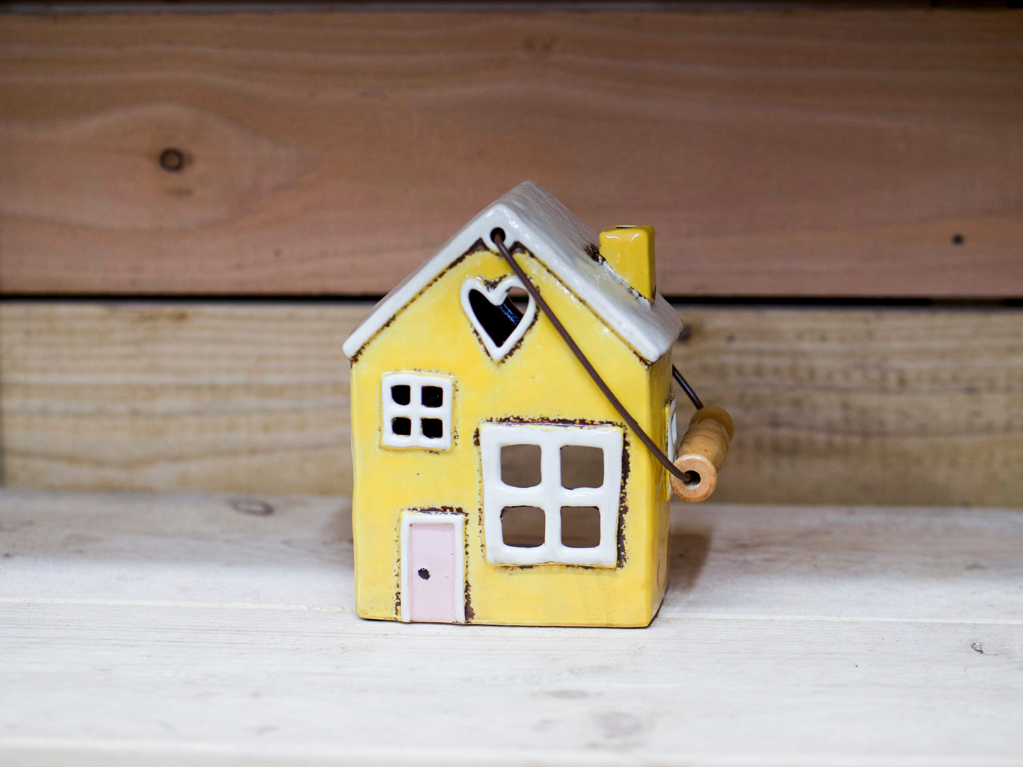 Ceramic Tea Light Heart House Yellow