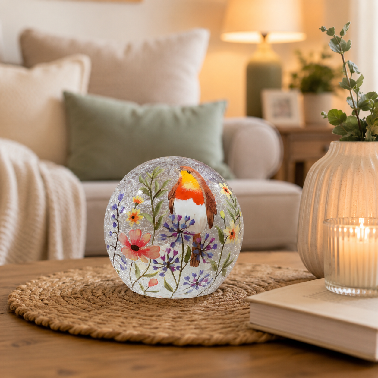 robin and flowers glass ball led