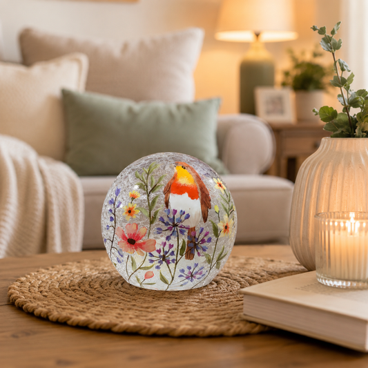 robin and flowers glass ball led
