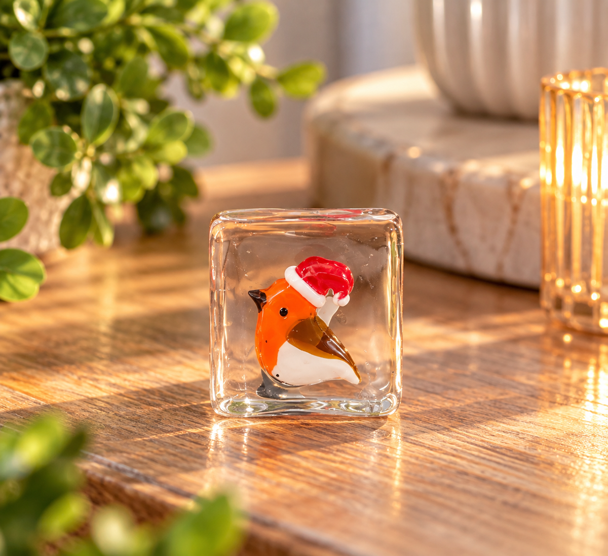 Christmas glass Robin cube