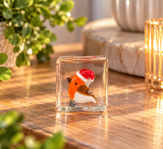 Christmas glass Robin cube